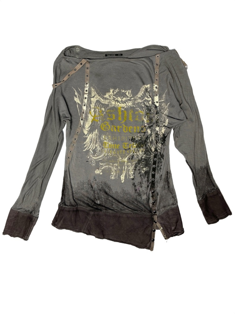 Salvage Y2K Grunge Gray Snap Button Rocker Punk Rivet Thrashed Thin Top XS - Picture 7 of 16